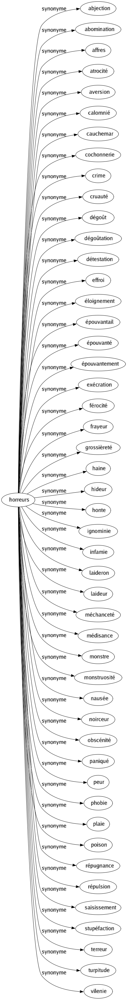 Synonyme de Horreurs : Abjection Abomination Affres Atrocité Aversion Calomnié Cauchemar Cochonnerie Crime Cruauté Dégoût Dégoûtation Détestation Effroi Éloignement Épouvantail Épouvanté Épouvantement Exécration Férocité Frayeur Grossièreté Haine Hideur Honte Ignominie Infamie Laideron Laideur Méchanceté Médisance Monstre Monstruosité Nausée Noirceur Obscénité Paniqué Peur Phobie Plaie Poison Répugnance Répulsion Saisissement Stupéfaction Terreur Turpitude Vilenie 