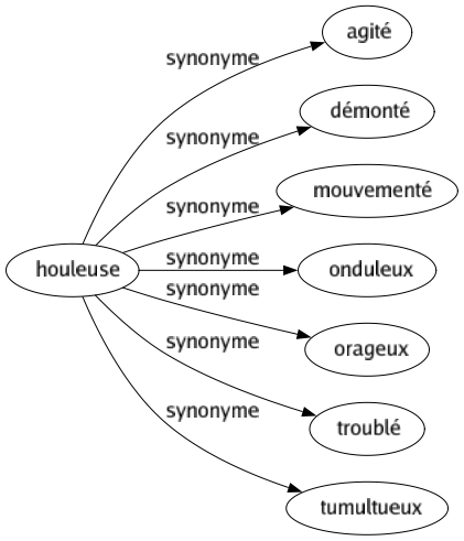 Synonyme de Houleuse : Agité Démonté Mouvementé Onduleux Orageux Troublé Tumultueux 