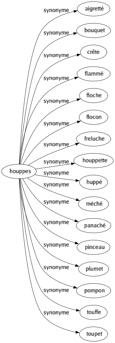 Synonyme de Houppes : Aigretté Bouquet Crête Flammé Floche Flocon Freluche Houppette Huppé Méché Panaché Pinceau Plumet Pompon Touffe Toupet 