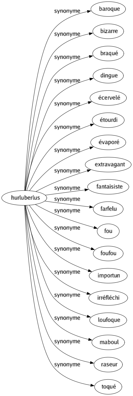 Synonyme de Hurluberlus : Baroque Bizarre Braqué Dingue Écervelé Étourdi Évaporé Extravagant Fantaisiste Farfelu Fou Foufou Importun Irréfléchi Loufoque Maboul Raseur Toqué 