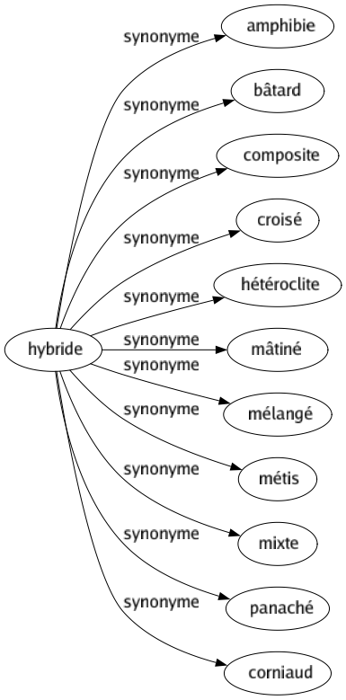 Synonyme de Hybride : Amphibie Bâtard Composite Croisé Hétéroclite Mâtiné Mélangé Métis Mixte Panaché Corniaud 