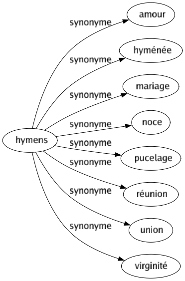 Synonyme de Hymens : Amour Hyménée Mariage Noce Pucelage Réunion Union Virginité 