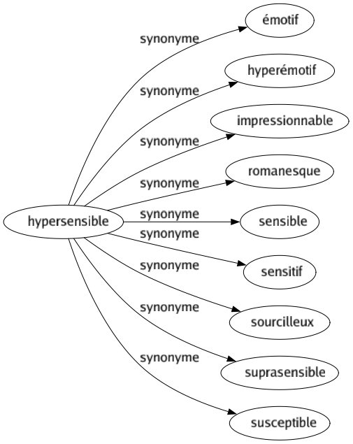 Synonyme de Hypersensible : Émotif Hyperémotif Impressionnable Romanesque Sensible Sensitif Sourcilleux Suprasensible Susceptible 