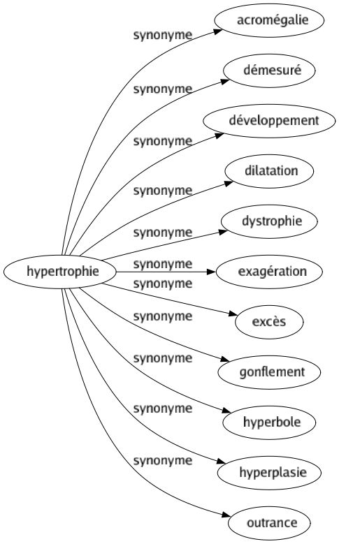 Synonyme de Hypertrophie : Acromégalie Démesuré Développement Dilatation Dystrophie Exagération Excès Gonflement Hyperbole Hyperplasie Outrance 