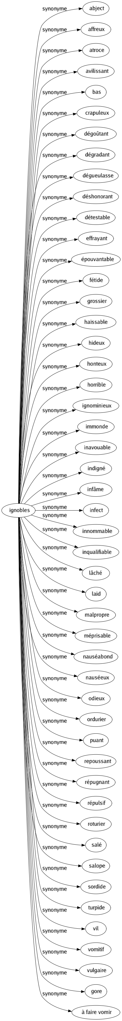 Synonyme de Ignobles : Abject Affreux Atroce Avilissant Bas Crapuleux Dégoûtant Dégradant Dégueulasse Déshonorant Détestable Effrayant Épouvantable Fétide Grossier Haïssable Hideux Honteux Horrible Ignominieux Immonde Inavouable Indigné Infâme Infect Innommable Inqualifiable Lâché Laid Malpropre Méprisable Nauséabond Nauséeux Odieux Ordurier Puant Repoussant Répugnant Répulsif Roturier Salé Salope Sordide Turpide Vil Vomitif Vulgaire Gore À faire vomir 