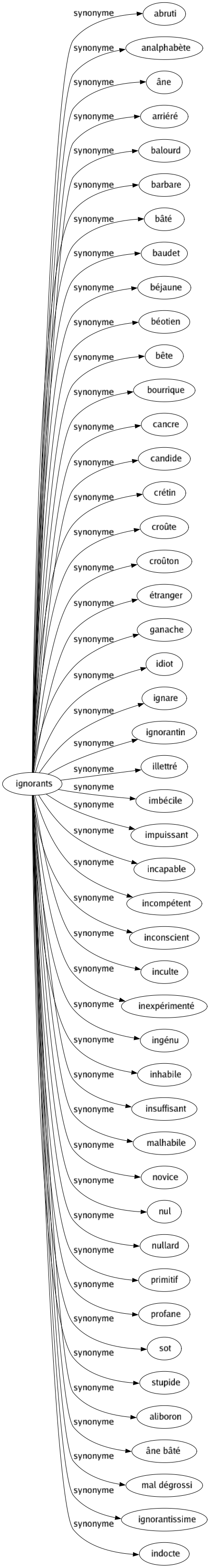 Synonyme de Ignorants : Abruti Analphabète Âne Arriéré Balourd Barbare Bâté Baudet Béjaune Béotien Bête Bourrique Cancre Candide Crétin Croûte Croûton Étranger Ganache Idiot Ignare Ignorantin Illettré Imbécile Impuissant Incapable Incompétent Inconscient Inculte Inexpérimenté Ingénu Inhabile Insuffisant Malhabile Novice Nul Nullard Primitif Profane Sot Stupide Aliboron Âne bâté Mal dégrossi Ignorantissime Indocte 