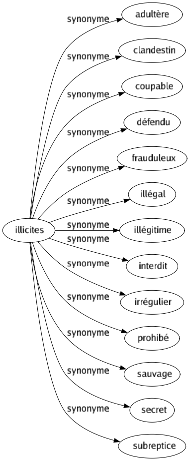 Synonyme de Illicites : Adultère Clandestin Coupable Défendu Frauduleux Illégal Illégitime Interdit Irrégulier Prohibé Sauvage Secret Subreptice 