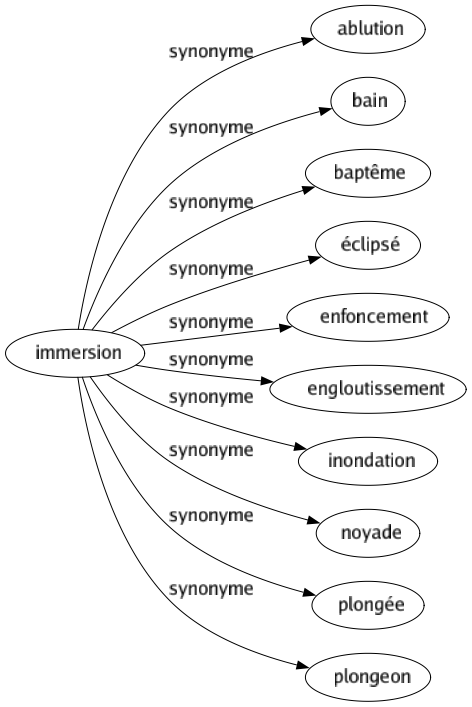 Synonyme de Immersion : Ablution Bain Baptême Éclipsé Enfoncement Engloutissement Inondation Noyade Plongée Plongeon 