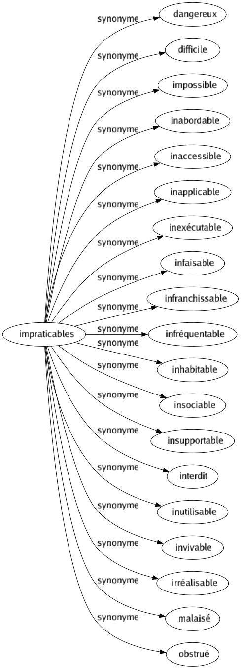 Synonyme de Impraticables : Dangereux Difficile Impossible Inabordable Inaccessible Inapplicable Inexécutable Infaisable Infranchissable Infréquentable Inhabitable Insociable Insupportable Interdit Inutilisable Invivable Irréalisable Malaisé Obstrué 