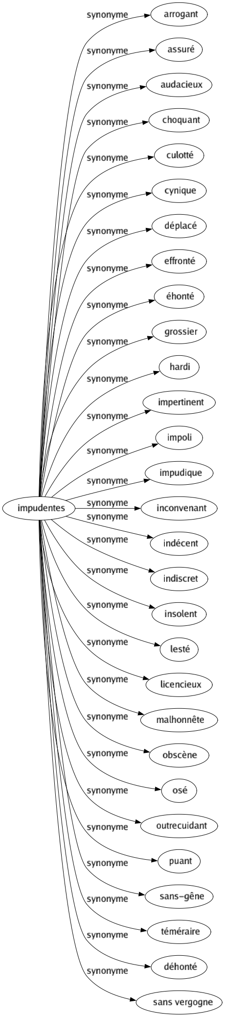 Synonyme de Impudentes : Arrogant Assuré Audacieux Choquant Culotté Cynique Déplacé Effronté Éhonté Grossier Hardi Impertinent Impoli Impudique Inconvenant Indécent Indiscret Insolent Lesté Licencieux Malhonnête Obscène Osé Outrecuidant Puant Sans-gêne Téméraire Déhonté Sans vergogne 