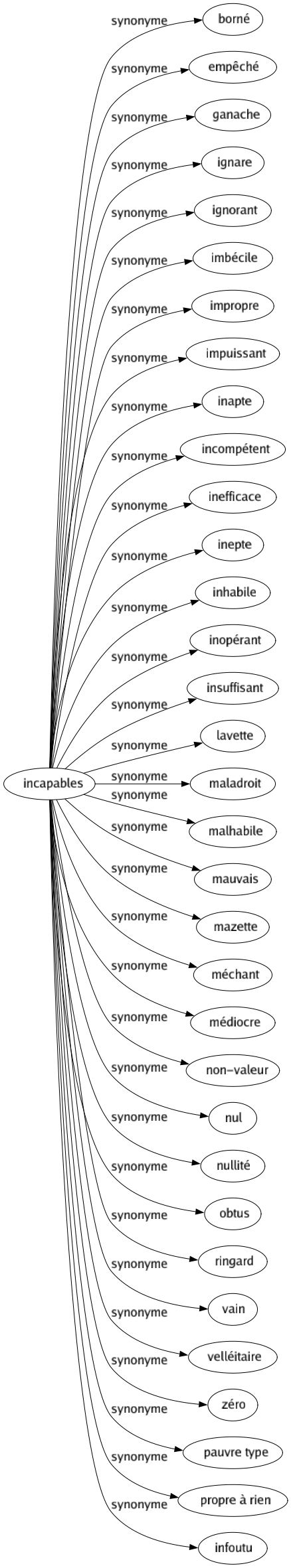 Synonyme de Incapables : Borné Empêché Ganache Ignare Ignorant Imbécile Impropre Impuissant Inapte Incompétent Inefficace Inepte Inhabile Inopérant Insuffisant Lavette Maladroit Malhabile Mauvais Mazette Méchant Médiocre Non-valeur Nul Nullité Obtus Ringard Vain Velléitaire Zéro Pauvre type Propre à rien Infoutu 