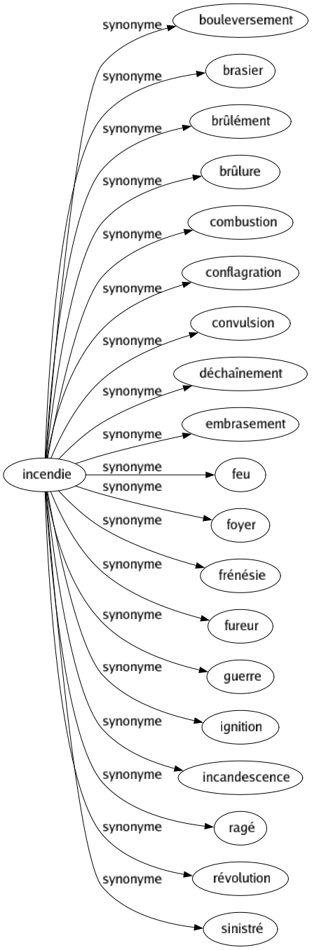 Synonyme de Incendie : Bouleversement Brasier Brûlément Brûlure Combustion Conflagration Convulsion Déchaînement Embrasement Feu Foyer Frénésie Fureur Guerre Ignition Incandescence Ragé Révolution Sinistré 