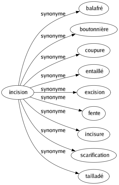 Synonyme de Incision : Balafré Boutonnière Coupure Entaillé Excision Fente Incisure Scarification Tailladé 