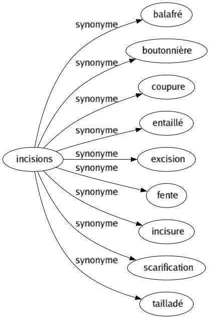 Synonyme de Incisions : Balafré Boutonnière Coupure Entaillé Excision Fente Incisure Scarification Tailladé 