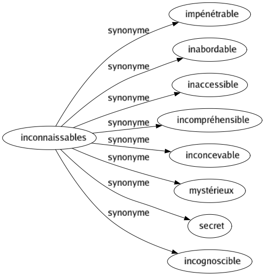 Synonyme de Inconnaissables : Impénétrable Inabordable Inaccessible Incompréhensible Inconcevable Mystérieux Secret Incognoscible 