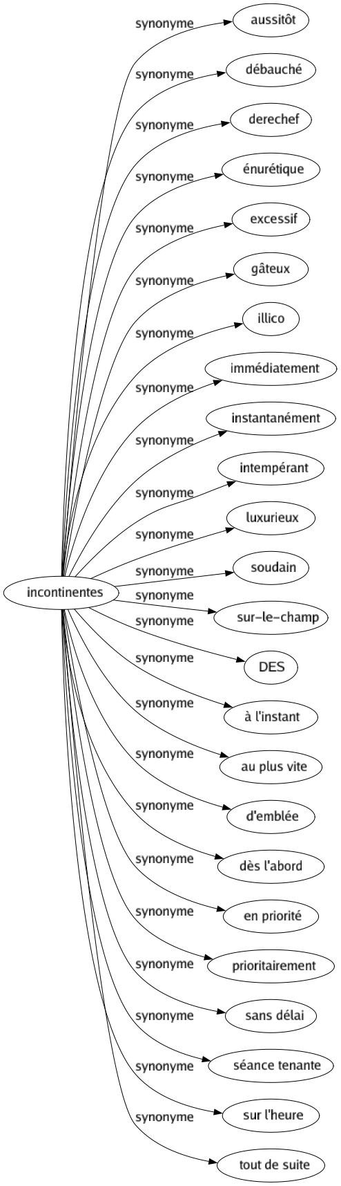 Synonyme de Incontinentes : Aussitôt Débauché Derechef Énurétique Excessif Gâteux Illico Immédiatement Instantanément Intempérant Luxurieux Soudain Sur-le-champ Des À l'instant Au plus vite D'emblée Dès l'abord En priorité Prioritairement Sans délai Séance tenante Sur l'heure Tout de suite 