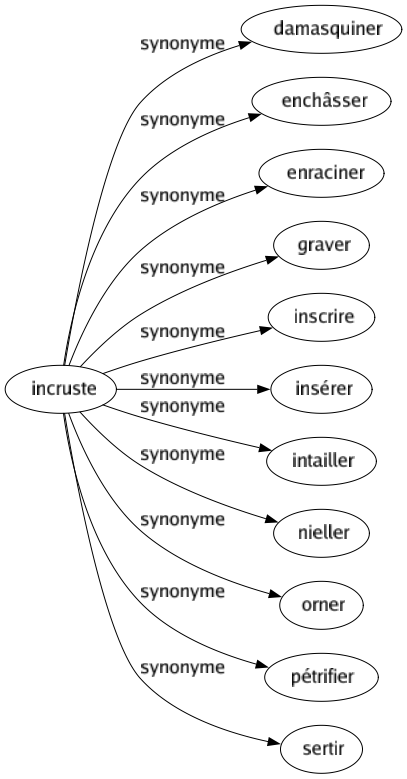 Synonyme de Incruste : Damasquiner Enchâsser Enraciner Graver Inscrire Insérer Intailler Nieller Orner Pétrifier Sertir 