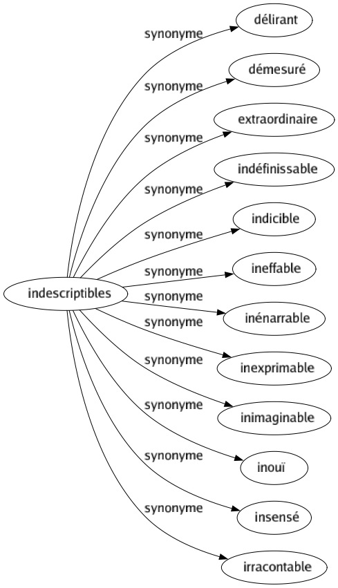 Synonyme de Indescriptibles : Délirant Démesuré Extraordinaire Indéfinissable Indicible Ineffable Inénarrable Inexprimable Inimaginable Inouï Insensé Irracontable 