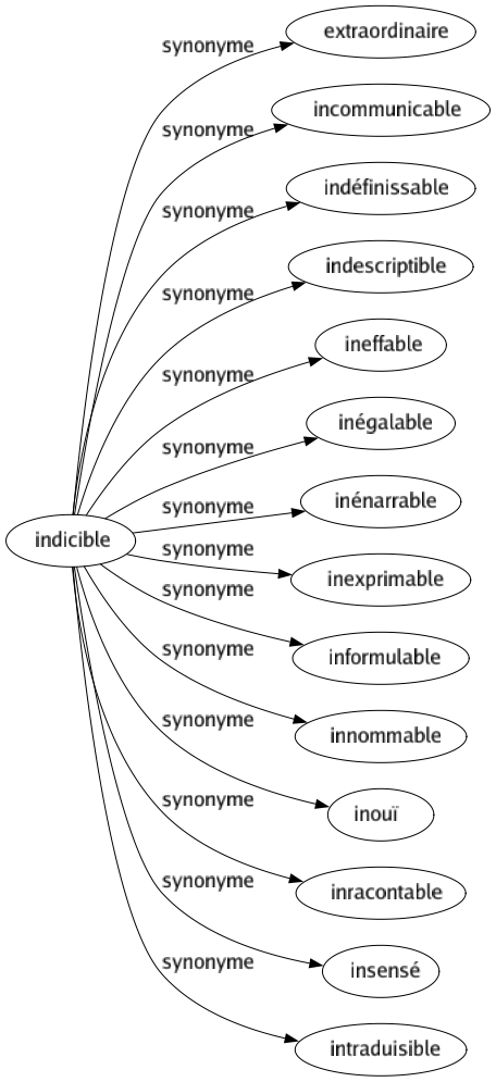 Synonyme de Indicible : Extraordinaire Incommunicable Indéfinissable Indescriptible Ineffable Inégalable Inénarrable Inexprimable Informulable Innommable Inouï Inracontable Insensé Intraduisible 