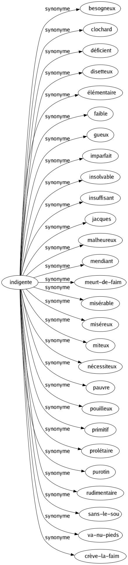 Synonyme de Indigente : Besogneux Clochard Déficient Disetteux Élémentaire Faible Gueux Imparfait Insolvable Insuffisant Jacques Malheureux Mendiant Meurt-de-faim Misérable Miséreux Miteux Nécessiteux Pauvre Pouilleux Primitif Prolétaire Purotin Rudimentaire Sans-le-sou Va-nu-pieds Crève-la-faim 