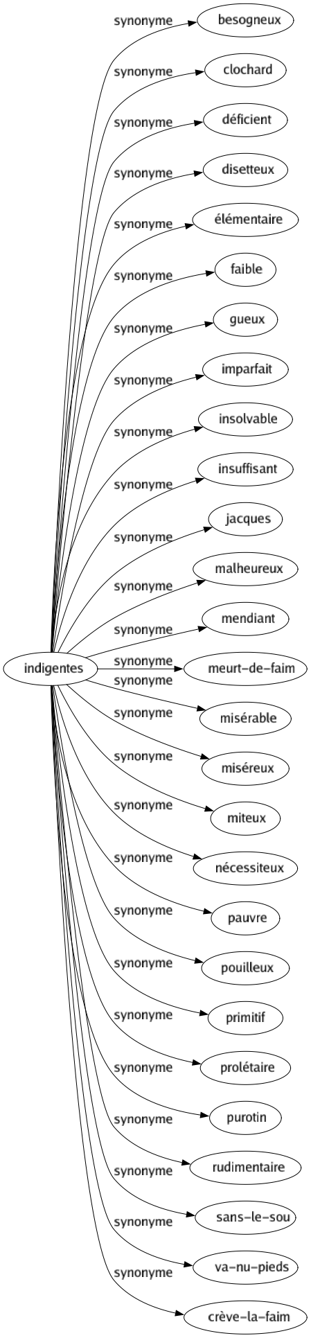 Synonyme de Indigentes : Besogneux Clochard Déficient Disetteux Élémentaire Faible Gueux Imparfait Insolvable Insuffisant Jacques Malheureux Mendiant Meurt-de-faim Misérable Miséreux Miteux Nécessiteux Pauvre Pouilleux Primitif Prolétaire Purotin Rudimentaire Sans-le-sou Va-nu-pieds Crève-la-faim 