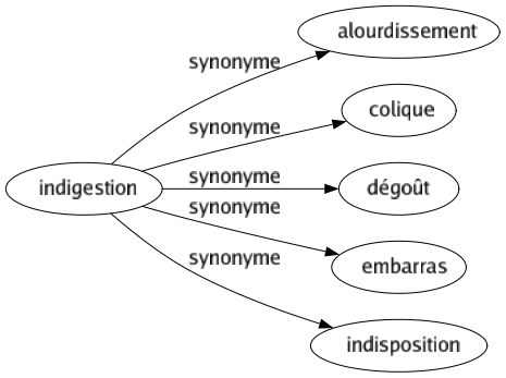 Synonyme de Indigestion : Alourdissement Colique Dégoût Embarras Indisposition 