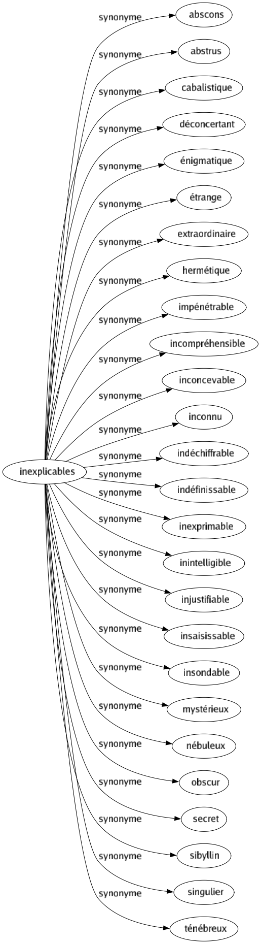 Synonyme de Inexplicables : Abscons Abstrus Cabalistique Déconcertant Énigmatique Étrange Extraordinaire Hermétique Impénétrable Incompréhensible Inconcevable Inconnu Indéchiffrable Indéfinissable Inexprimable Inintelligible Injustifiable Insaisissable Insondable Mystérieux Nébuleux Obscur Secret Sibyllin Singulier Ténébreux 