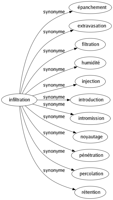 Synonyme de Infiltration : Épanchement Extravasation Filtration Humidité Injection Introduction Intromission Noyautage Pénétration Percolation Rétention 