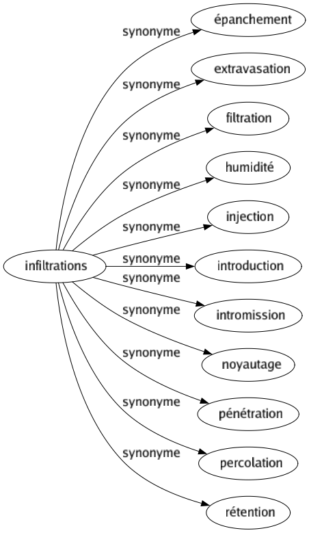 Synonyme de Infiltrations : Épanchement Extravasation Filtration Humidité Injection Introduction Intromission Noyautage Pénétration Percolation Rétention 