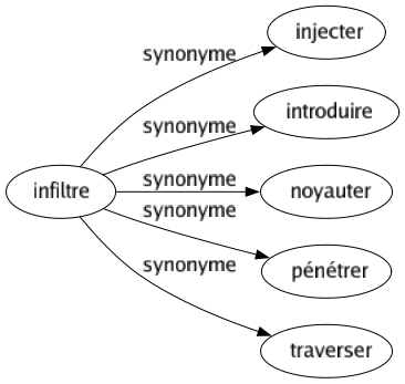 Synonyme de Infiltre : Injecter Introduire Noyauter Pénétrer Traverser 