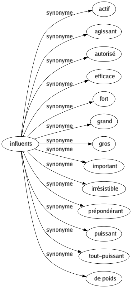 Synonyme de Influents : Actif Agissant Autorisé Efficace Fort Grand Gros Important Irrésistible Prépondérant Puissant Tout-puissant De poids 