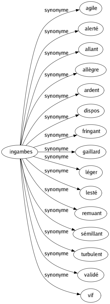 Synonyme de Ingambes : Agile Alerté Allant Allègre Ardent Dispos Fringant Gaillard Léger Lesté Remuant Sémillant Turbulent Validé Vif 