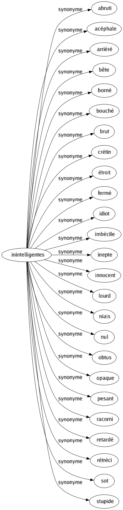 Synonyme de Inintelligentes : Abruti Acéphale Arriéré Bête Borné Bouché Brut Crétin Étroit Fermé Idiot Imbécile Inepte Innocent Lourd Niais Nul Obtus Opaque Pesant Racorni Retardé Rétréci Sot Stupide 