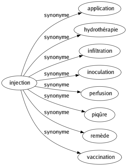 Synonyme de Injection : Application Hydrothérapie Infiltration Inoculation Perfusion Piqûre Remède Vaccination 