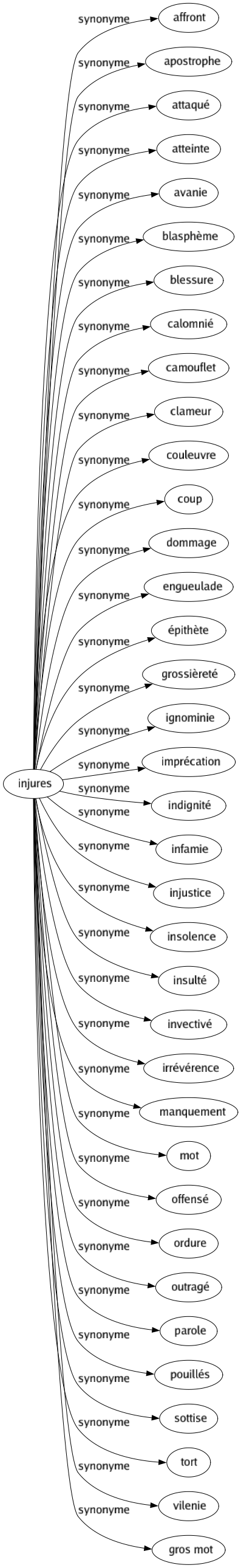 Synonyme de Injures : Affront Apostrophe Attaqué Atteinte Avanie Blasphème Blessure Calomnié Camouflet Clameur Couleuvre Coup Dommage Engueulade Épithète Grossièreté Ignominie Imprécation Indignité Infamie Injustice Insolence Insulté Invectivé Irrévérence Manquement Mot Offensé Ordure Outragé Parole Pouillés Sottise Tort Vilenie Gros mot 