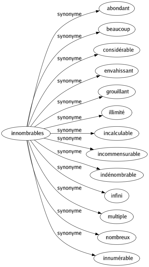 Synonyme de Innombrables : Abondant Beaucoup Considérable Envahissant Grouillant Illimité Incalculable Incommensurable Indénombrable Infini Multiple Nombreux Innumérable 