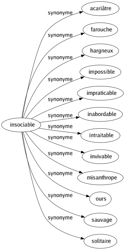 Synonyme de Insociable : Acariâtre Farouche Hargneux Impossible Impraticable Inabordable Intraitable Invivable Misanthrope Ours Sauvage Solitaire 