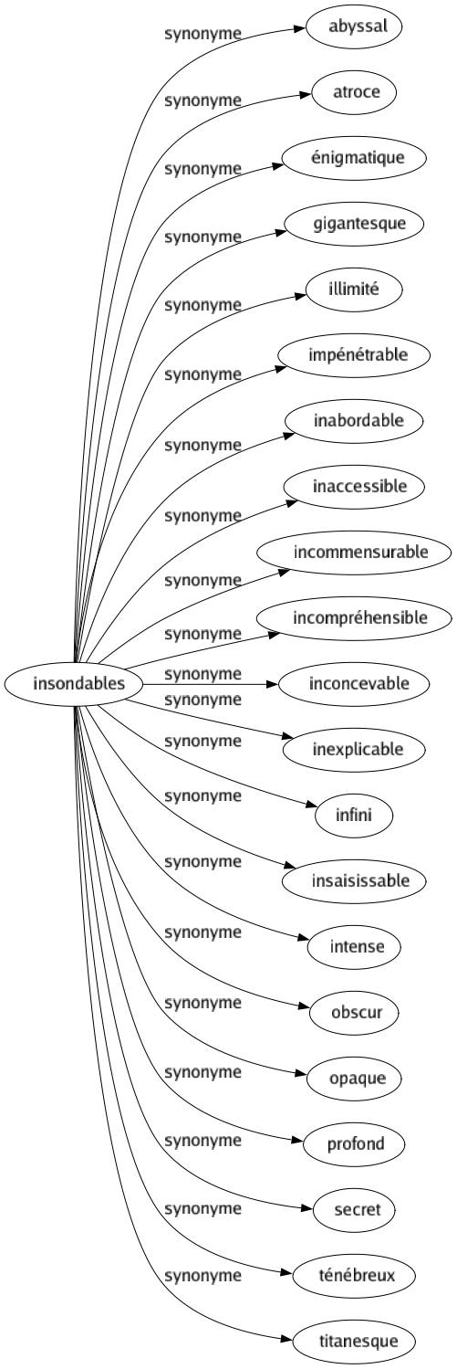 Synonyme de Insondables : Abyssal Atroce Énigmatique Gigantesque Illimité Impénétrable Inabordable Inaccessible Incommensurable Incompréhensible Inconcevable Inexplicable Infini Insaisissable Intense Obscur Opaque Profond Secret Ténébreux Titanesque 