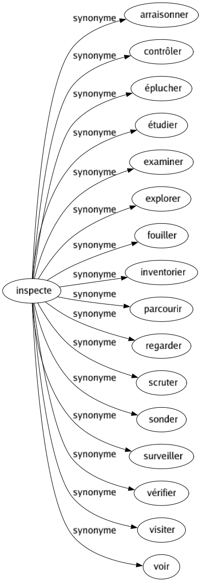 Synonyme de Inspecte : Arraisonner Contrôler Éplucher Étudier Examiner Explorer Fouiller Inventorier Parcourir Regarder Scruter Sonder Surveiller Vérifier Visiter Voir 