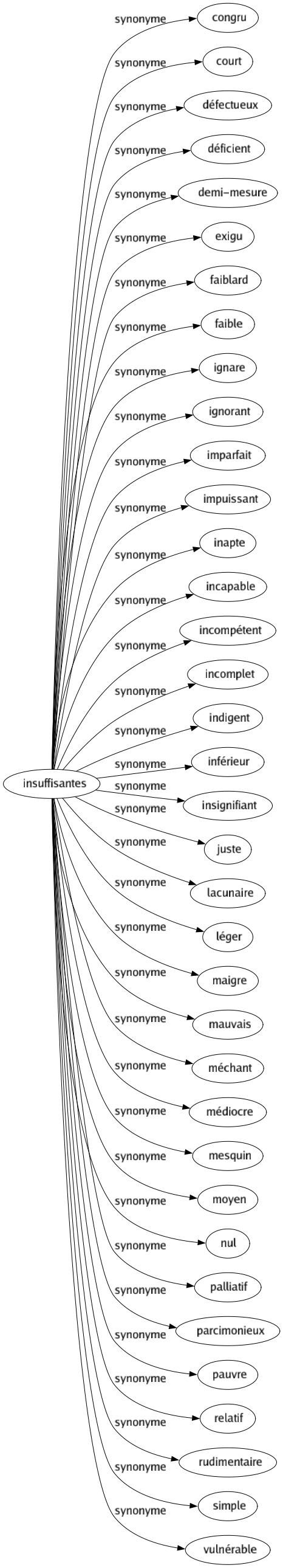 Synonyme de Insuffisantes : Congru Court Défectueux Déficient Demi-mesure Exigu Faiblard Faible Ignare Ignorant Imparfait Impuissant Inapte Incapable Incompétent Incomplet Indigent Inférieur Insignifiant Juste Lacunaire Léger Maigre Mauvais Méchant Médiocre Mesquin Moyen Nul Palliatif Parcimonieux Pauvre Relatif Rudimentaire Simple Vulnérable 