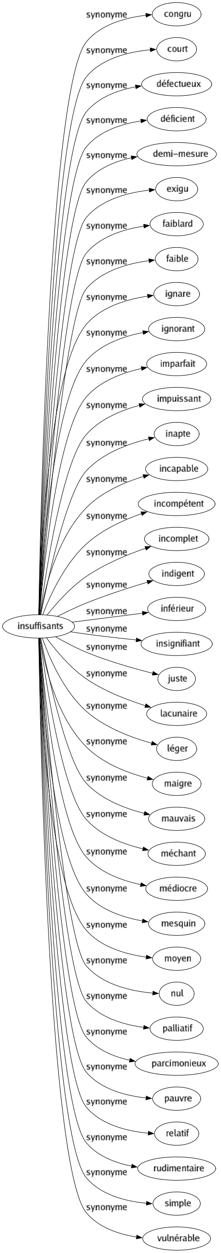 Synonyme de Insuffisants : Congru Court Défectueux Déficient Demi-mesure Exigu Faiblard Faible Ignare Ignorant Imparfait Impuissant Inapte Incapable Incompétent Incomplet Indigent Inférieur Insignifiant Juste Lacunaire Léger Maigre Mauvais Méchant Médiocre Mesquin Moyen Nul Palliatif Parcimonieux Pauvre Relatif Rudimentaire Simple Vulnérable 