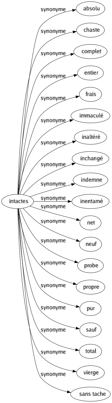 Synonyme de Intactes : Absolu Chaste Complet Entier Frais Immaculé Inaltéré Inchangé Indemne Inentamé Net Neuf Probe Propre Pur Sauf Total Vierge Sans tache 