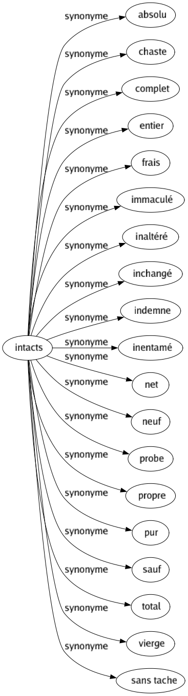 Synonyme de Intacts : Absolu Chaste Complet Entier Frais Immaculé Inaltéré Inchangé Indemne Inentamé Net Neuf Probe Propre Pur Sauf Total Vierge Sans tache 