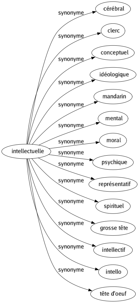 Synonyme de Intellectuelle : Cérébral Clerc Conceptuel Idéologique Mandarin Mental Moral Psychique Représentatif Spirituel Grosse tête Intellectif Intello Tête d'oeuf 