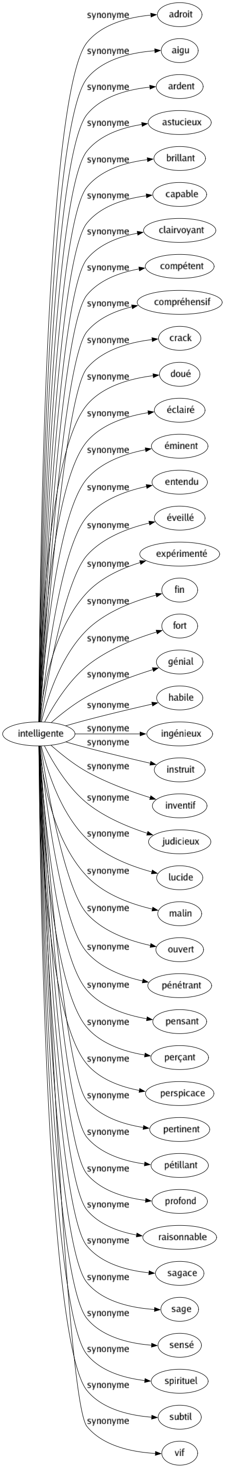 Synonyme de Intelligente : Adroit Aigu Ardent Astucieux Brillant Capable Clairvoyant Compétent Compréhensif Crack Doué Éclairé Éminent Entendu Éveillé Expérimenté Fin Fort Génial Habile Ingénieux Instruit Inventif Judicieux Lucide Malin Ouvert Pénétrant Pensant Perçant Perspicace Pertinent Pétillant Profond Raisonnable Sagace Sage Sensé Spirituel Subtil Vif 