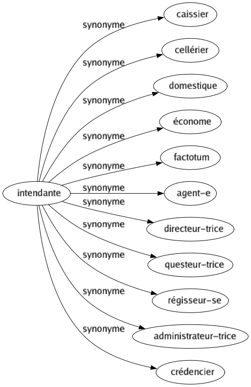 Synonyme de Intendante : Caissier Cellérier Domestique Économe Factotum Agent-e Directeur-trice Questeur-trice Régisseur-se Administrateur-trice Crédencier 