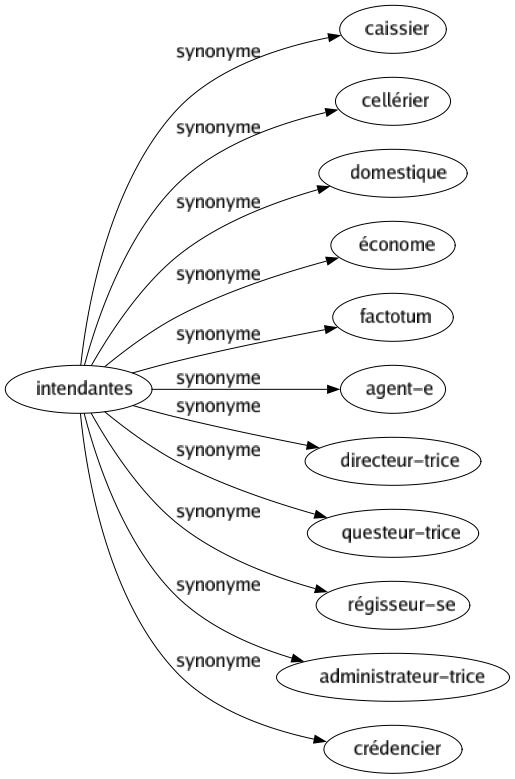 Synonyme de Intendantes : Caissier Cellérier Domestique Économe Factotum Agent-e Directeur-trice Questeur-trice Régisseur-se Administrateur-trice Crédencier 