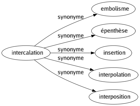 Synonyme de Intercalation : Embolisme Épenthèse Insertion Interpolation Interposition 