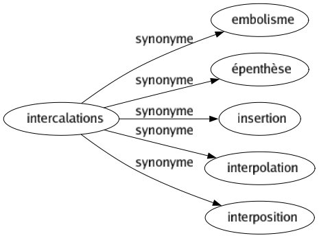 Synonyme de Intercalations : Embolisme Épenthèse Insertion Interpolation Interposition 