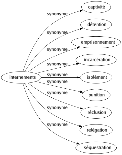 Synonyme de Internements : Captivité Détention Emprisonnement Incarcération Isolément Punition Réclusion Relégation Séquestration 